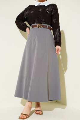 Bel Fermuarlı Kemerli Dikişli Etek Gri - ALİ AKKAYA