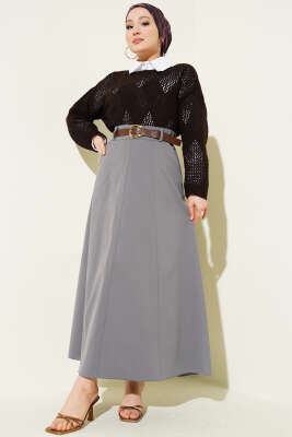 Bel Fermuarlı Kemerli Dikişli Etek Gri - Etek