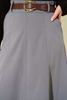 Bel Fermuarlı Kemerli Dikişli Etek Gri - Etek