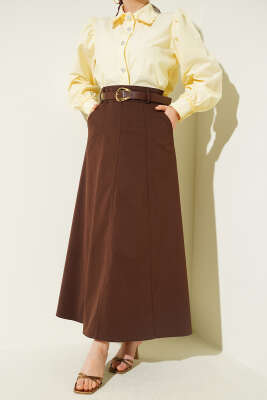 Bel Fermuarlı Kemerli Dikişli Etek Kahve - ALİ AKKAYA