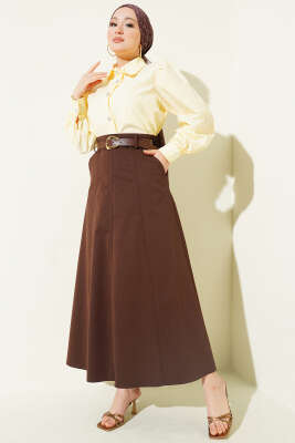 Bel Fermuarlı Kemerli Dikişli Etek Kahve - Etek