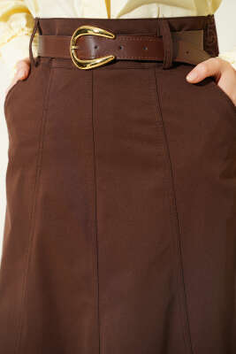 Bel Fermuarlı Kemerli Dikişli Etek Kahve - Etek