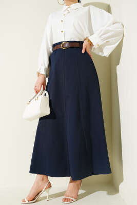 Bel Fermuarlı Kemerli Dikişli Etek Lacivert - ALİ AKKAYA