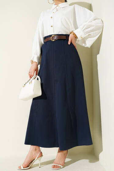 Bel Fermuarlı Kemerli Dikişli Etek Lacivert - Etek
