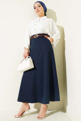 Bel Fermuarlı Kemerli Dikişli Etek Lacivert - Etek