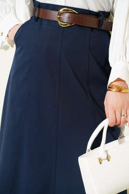 Bel Fermuarlı Kemerli Dikişli Etek Lacivert - Etek