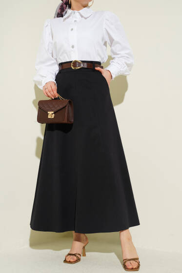 Bel Fermuarlı Kemerli Dikişli Etek Siyah - Etek