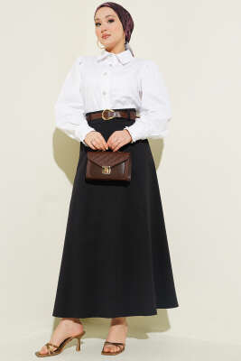 Bel Fermuarlı Kemerli Dikişli Etek Siyah - Etek