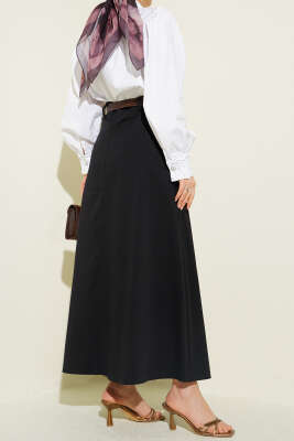 Bel Fermuarlı Kemerli Dikişli Etek Siyah - Etek