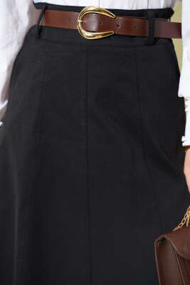 Bel Fermuarlı Kemerli Dikişli Etek Siyah - Etek