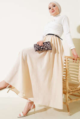 Bel Fermuarlı Kemerli Kraş Etek Bej - Uzun Etek