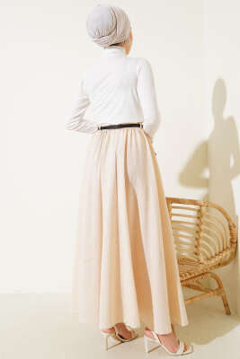 Bel Fermuarlı Kemerli Kraş Etek Bej - Uzun Etek