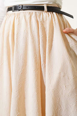 Bel Fermuarlı Kemerli Kraş Etek Bej - Uzun Etek