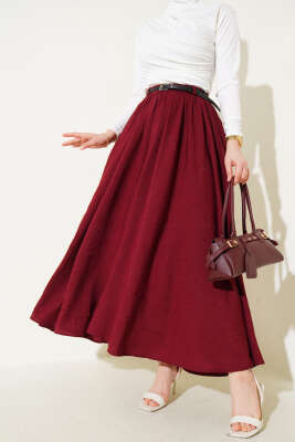 Bel Fermuarlı Kemerli Kraş Etek Bordo 