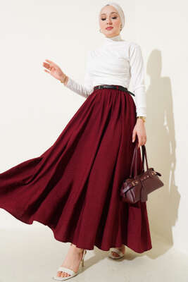 Bel Fermuarlı Kemerli Kraş Etek Bordo - Uzun Etek