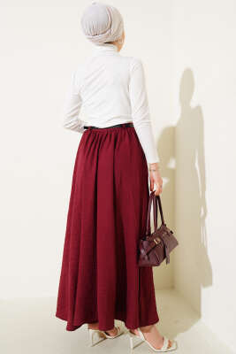 Bel Fermuarlı Kemerli Kraş Etek Bordo - Uzun Etek