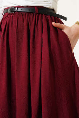 Bel Fermuarlı Kemerli Kraş Etek Bordo - Uzun Etek