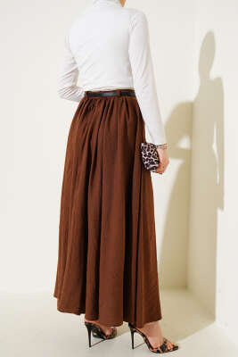 Bel Fermuarlı Kemerli Kraş Etek Kahve - Uzun Etek
