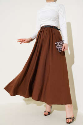 Bel Fermuarlı Kemerli Kraş Etek Kahve 