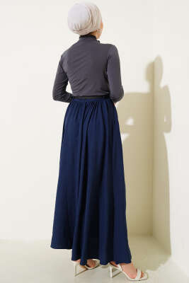 Bel Fermuarlı Kemerli Kraş Etek Lacivert - Uzun Etek