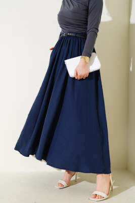 Bel Fermuarlı Kemerli Kraş Etek Lacivert 