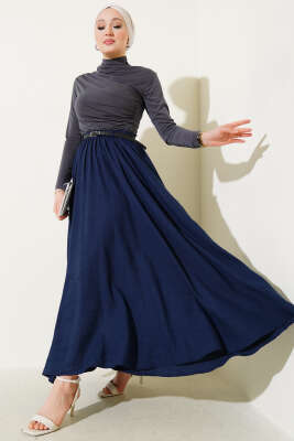 Bel Fermuarlı Kemerli Kraş Etek Lacivert - Uzun Etek