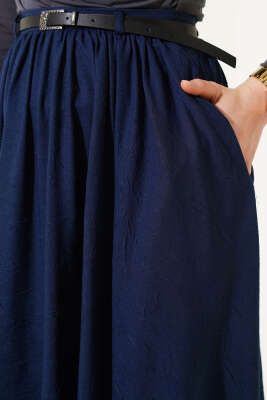 Bel Fermuarlı Kemerli Kraş Etek Lacivert - Uzun Etek