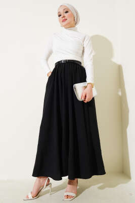 Bel Fermuarlı Kemerli Kraş Etek Siyah - Uzun Etek