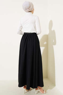 Bel Fermuarlı Kemerli Kraş Etek Siyah - Uzun Etek