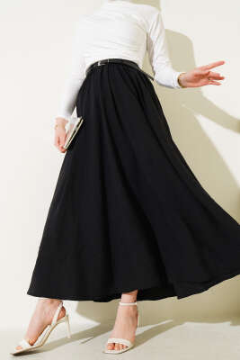 Bel Fermuarlı Kemerli Kraş Etek Siyah 