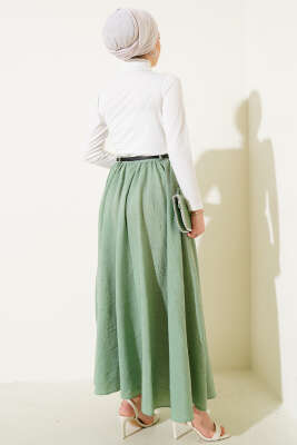 Bel Fermuarlı Kemerli Kraş Etek Yeşil - Uzun Etek