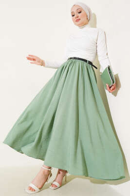 Bel Fermuarlı Kemerli Kraş Etek Yeşil - Uzun Etek