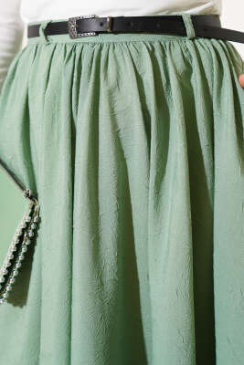 Bel Fermuarlı Kemerli Kraş Etek Yeşil - Uzun Etek