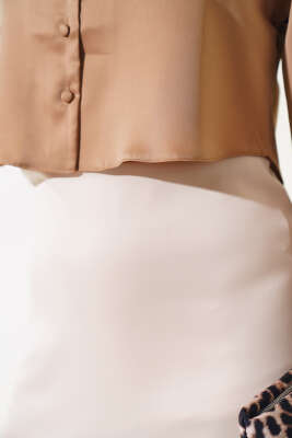 Bel Fermuarlı Saten Etek Bej - Uzun Etek