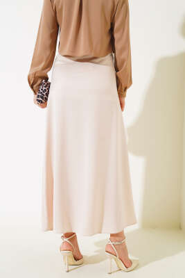 Bel Fermuarlı Saten Etek Bej - Uzun Etek
