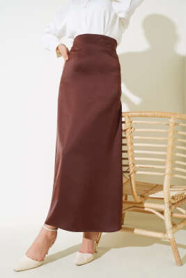Bel Fermuarlı Saten Etek Kahve - Uzun Etek