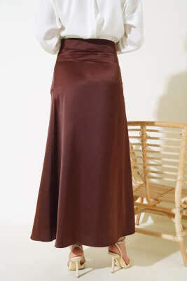 Bel Fermuarlı Saten Etek Kahve - Uzun Etek