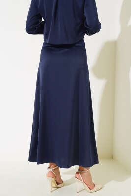 Bel Fermuarlı Saten Etek Lacivert - Uzun Etek