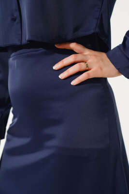 Bel Fermuarlı Saten Etek Lacivert - Uzun Etek