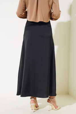 Bel Fermuarlı Saten Etek Siyah - Uzun Etek