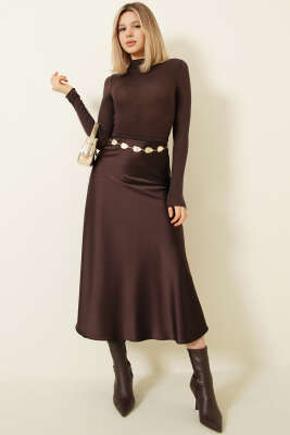 Bel Fermuarlı Saten Midi Etek Kahve - LUSTRİN
