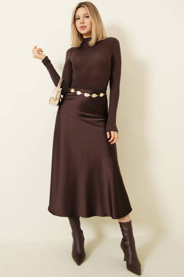 Bel Fermuarlı Saten Midi Etek Kahve - Kadın Giyim Modelleri