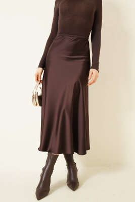 Bel Fermuarlı Saten Midi Etek Kahve - Kadın Giyim Modelleri