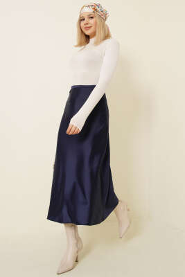 Bel Fermuarlı Saten Midi Etek Lacivert - LUSTRİN