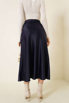 Bel Fermuarlı Saten Midi Etek Lacivert - Kadın Giyim Modelleri