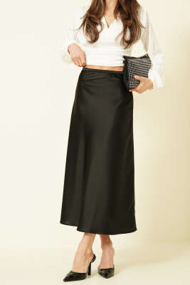 Bel Fermuarlı Saten Midi Etek Siyah 