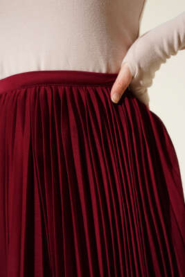 Bel Fermuarlı Şifon Pileli Etek Bordo - Günün Kombini