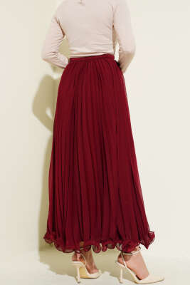 Bel Fermuarlı Şifon Pileli Etek Bordo - Uzun Etek
