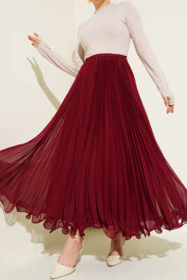 Bel Fermuarlı Şifon Pileli Etek Bordo 
