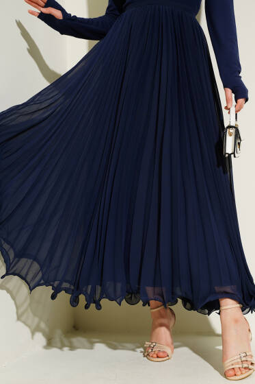 Bel Fermuarlı Şifon Pileli Etek Lacivert - Etek